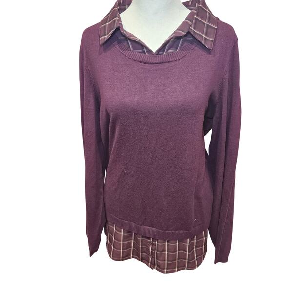 Adrianna Papell XL layered sweater blouse new burgundy fall collared preppy - Picture 1 of 6